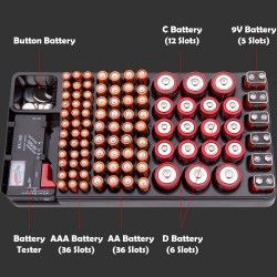 Battery Storage Organizer Box With Battery Tester For AA, AAA, C, D, 9V and Button Batteries