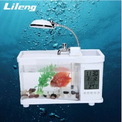 Lileng Mini Fish Tank With Lamp, Alarm Clock, Thermometer, Stationery Holder