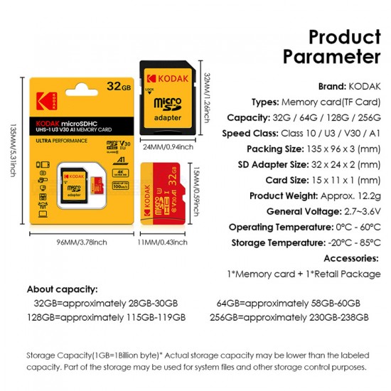 Kodak Micro SDHC SDXC UHS-1 U3 V30 A1 Memory Card 32GB / 64GB / 128GB / 256GB With SD Card Adapter