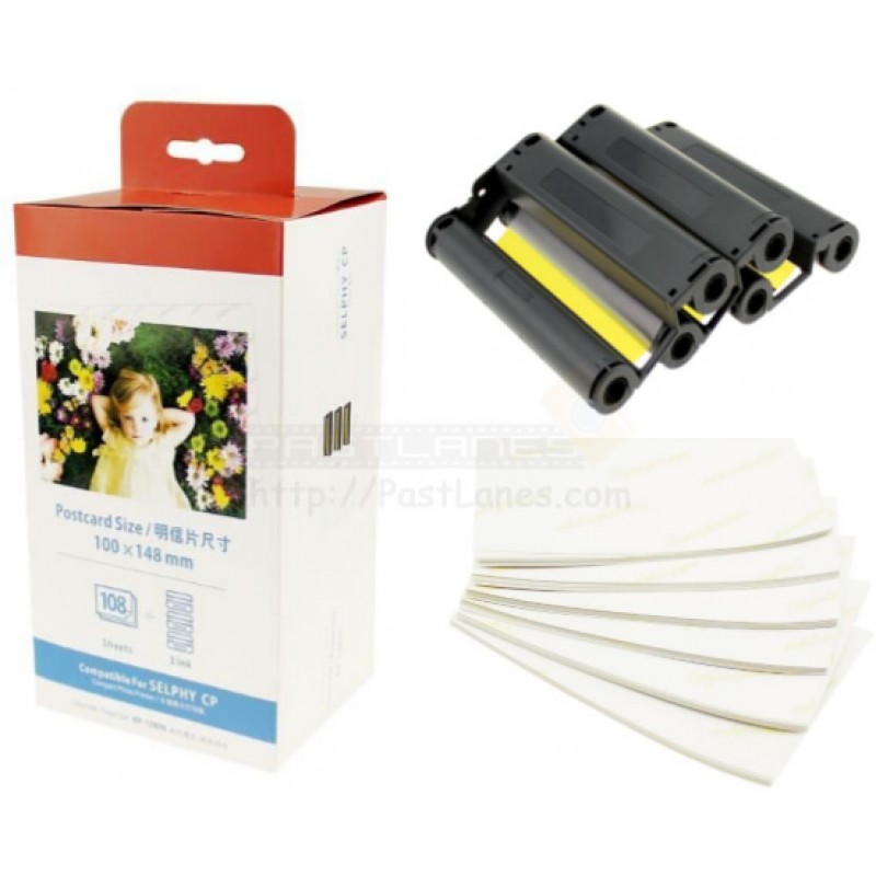 Canon KP-108IN Color Ink & Paper Set For Selphy CP1300, CP1200, CP910, Etc. - 4x6 Glossy, Dye Sublimation, 850g